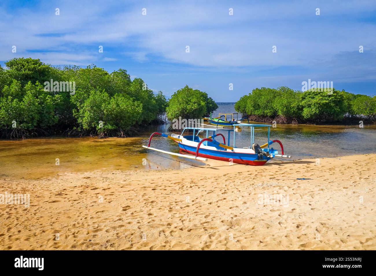 Plage de mangrove et bateau traditionnel sur l'île de Nusa Lembongan, Bali, Indonésie. Plage de mangrove, île de Nusa Lembongan, Bali, Indonésie Banque D'Images