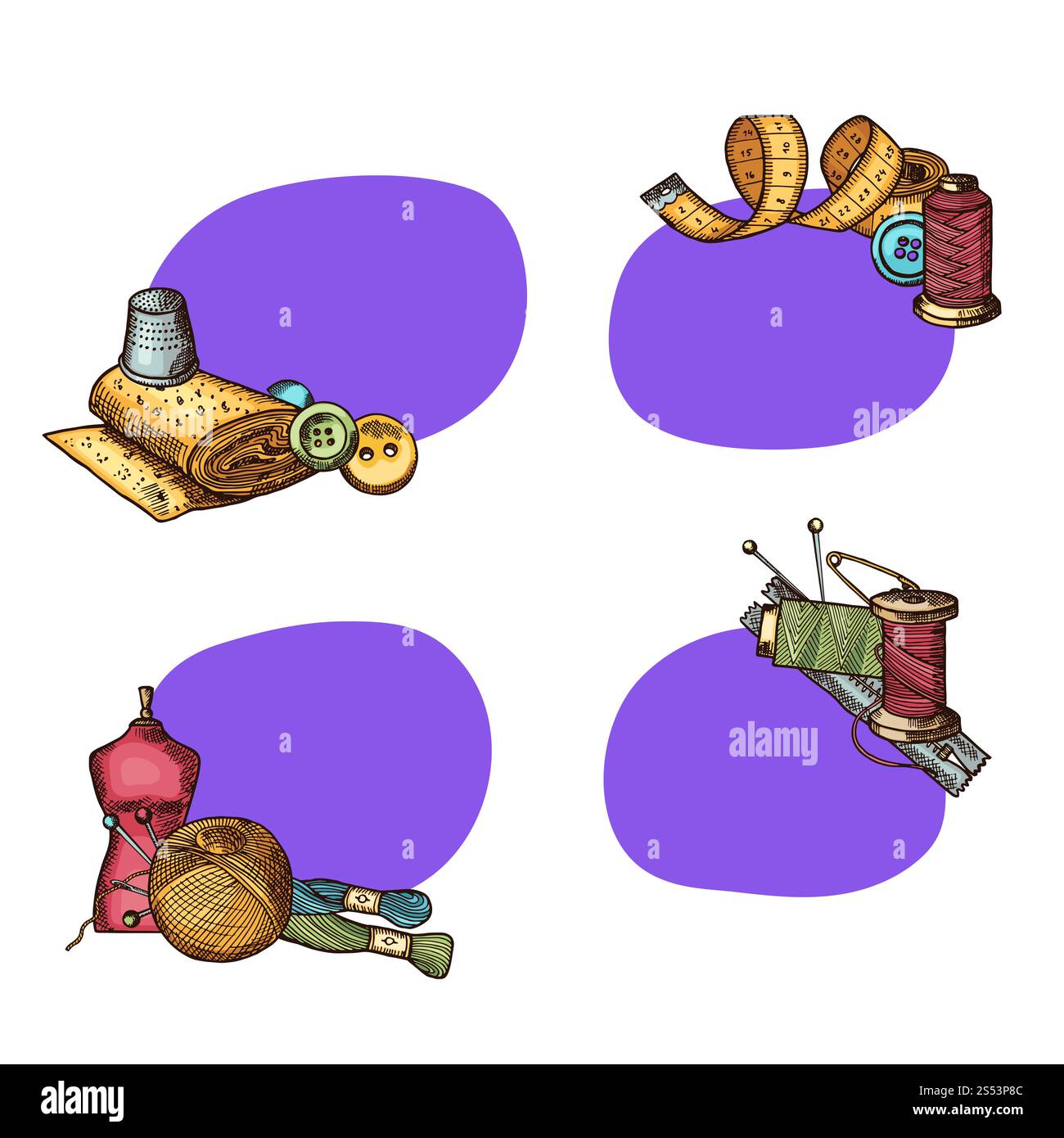 Ensemble vectoriel d'autocollants avec place pour le texte avec des éléments de couture dessinés à la main. Badge avec illustration d'emplacement vide. Ensemble vectoriel d'autocollants avec des éléments de couture dessinés à la main Illustration de Vecteur