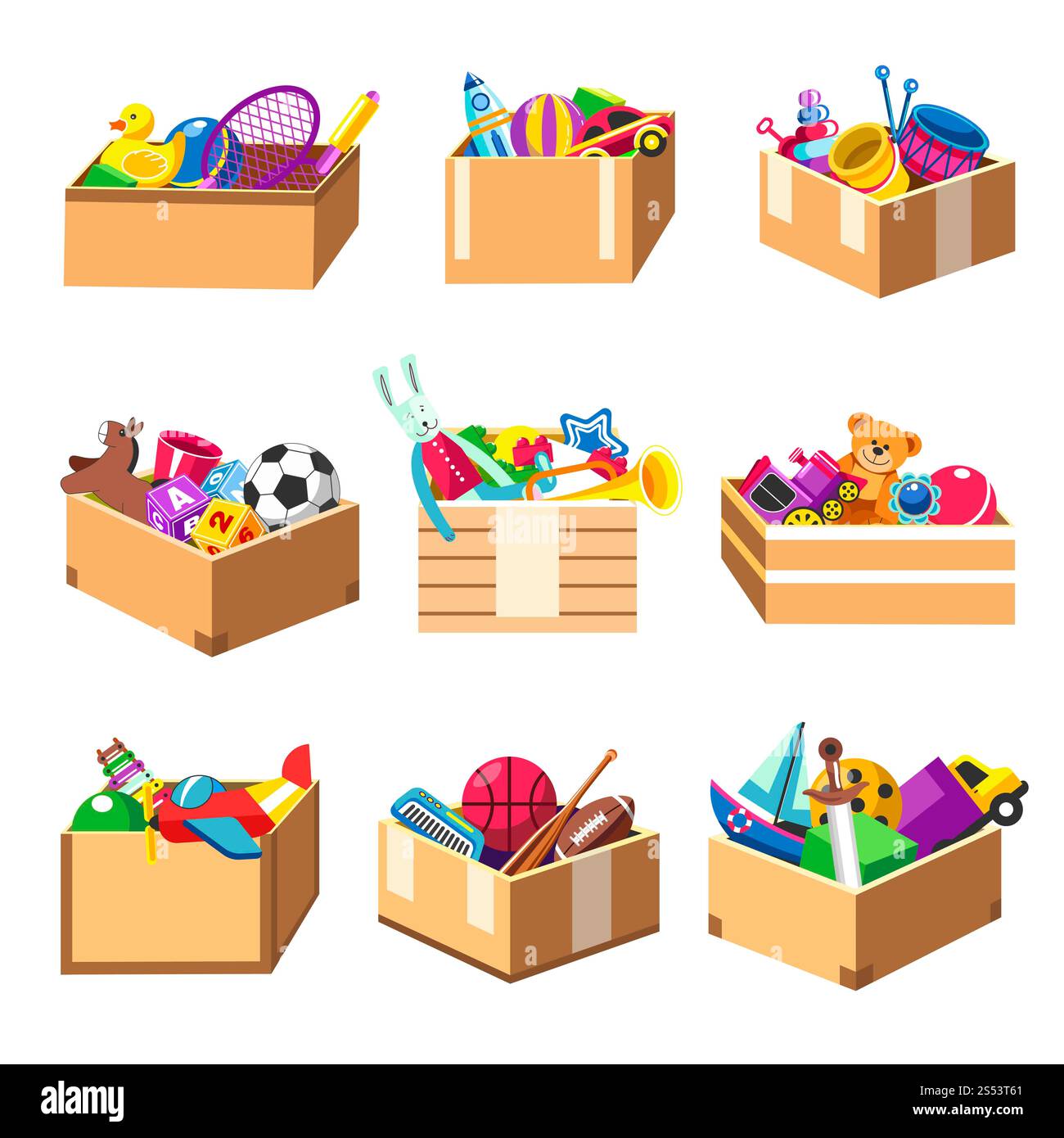 Boîtes en carton pleines de jouets enfantins et d'équipements sportifs. Conteneurs avec animaux mous, balles sportives, voitures et avions en plastique, instruments de musique Banque D'Images