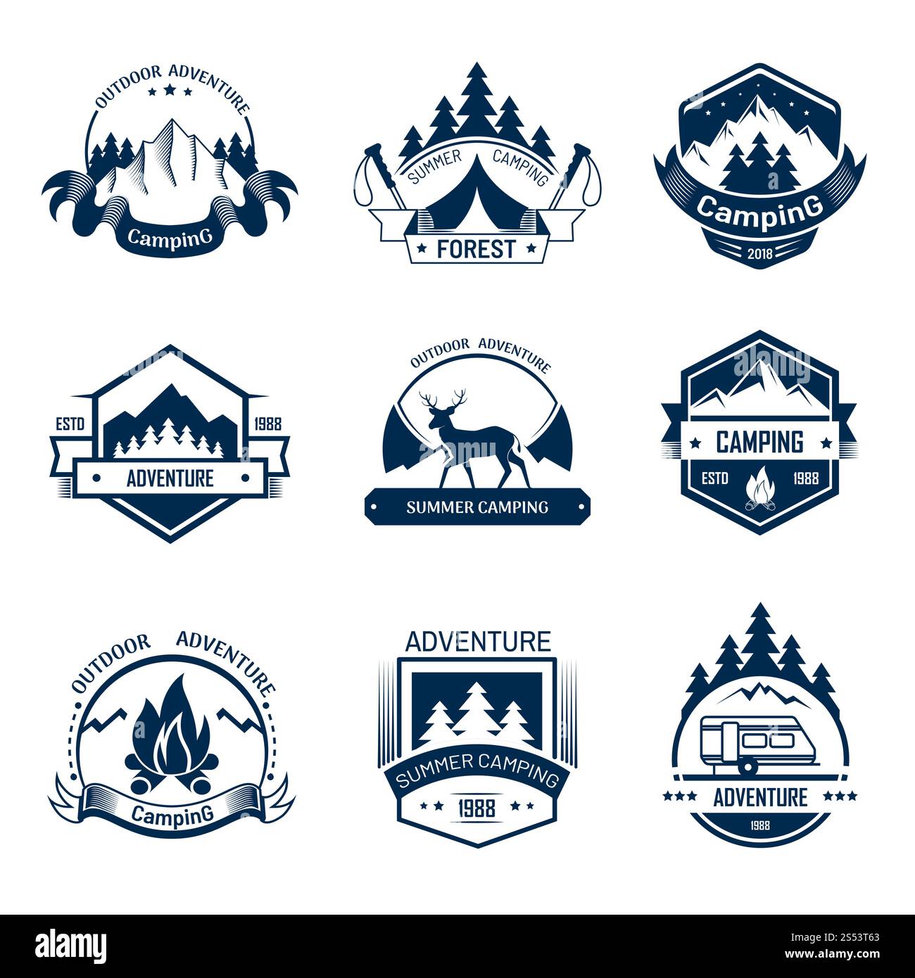 Modèle de logo de camp ou de camping d'aventure en plein air d'été, badge d'équipe de randonnée ou d'alpinisme et club de sport. icônes isolées de vecteur de montagne Banque D'Images