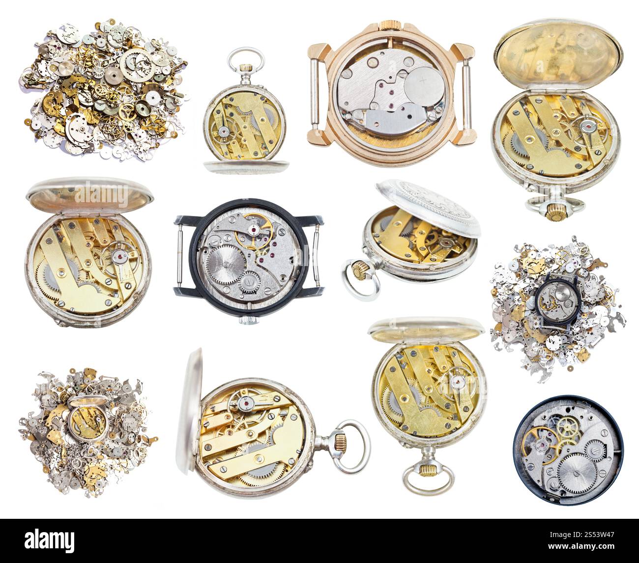 Collection de vieux rétro wathes et pièces d'horloge isolé sur fond blanc Banque D'Images