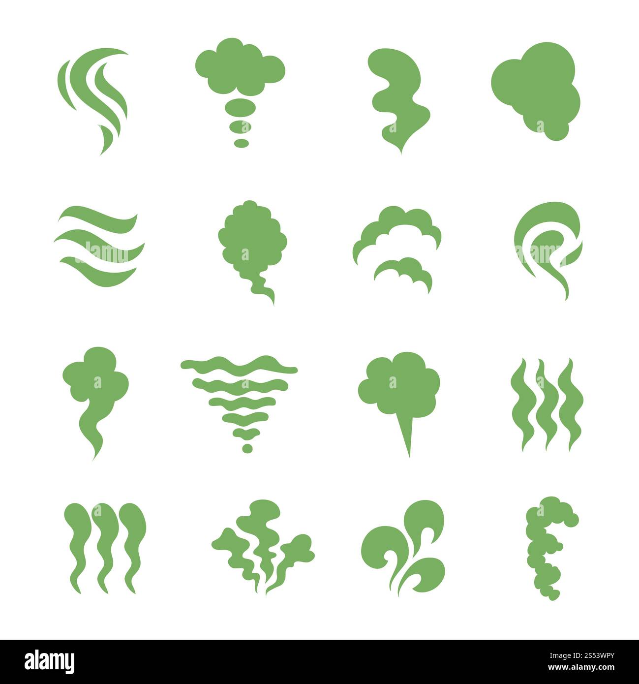 Icônes odorantes. Odeur de vapeur, vapeur et vapeur de cuisson. Symboles verts d'isolation des odeurs de nourriture périmée. Odeur verte fumée, brume d'arôme et merde toxique Banque D'Images