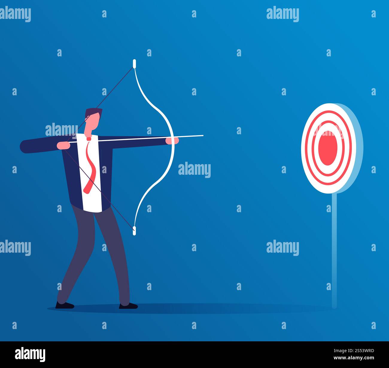 Concept commercial ciblé. Homme d'affaires frappant la cible avec l'arc et la flèche. Gestionnaire de défis et de focus, illustration vectorielle de cible atteinte. Homme d'affaires Banque D'Images