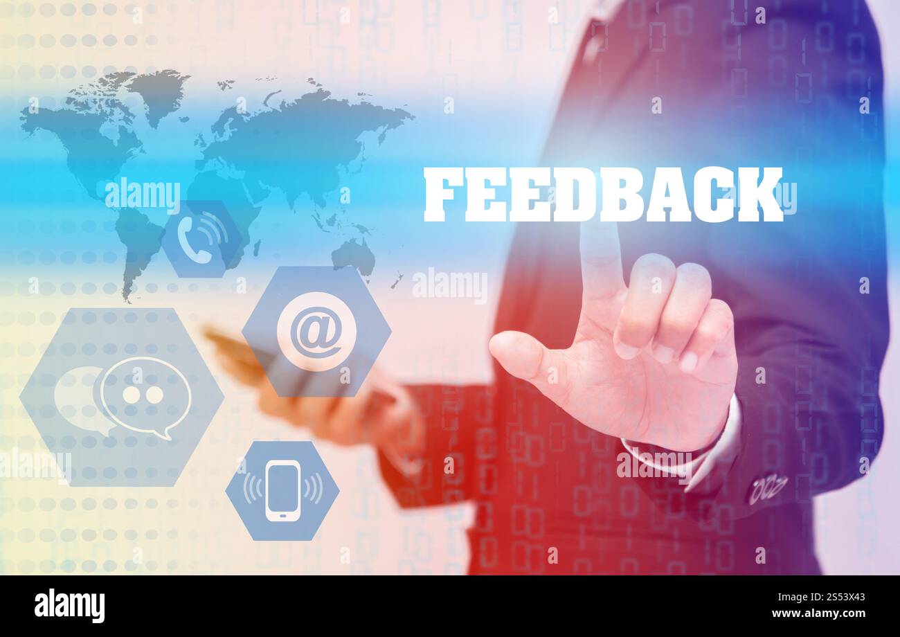 Concept de technologie d'entreprise, signe de rétroaction touchant la main Banque D'Images