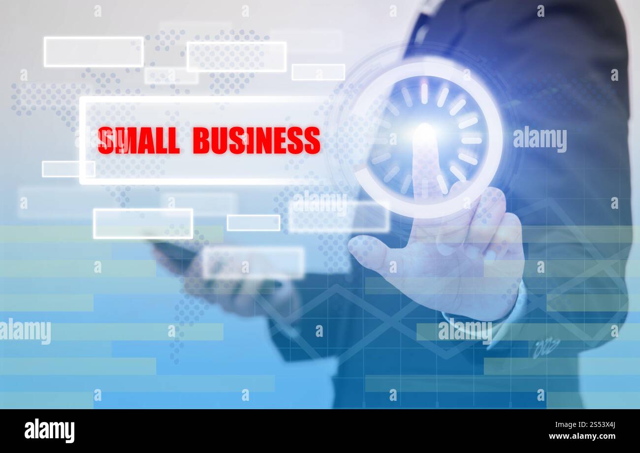 femme d'affaires toucher le texte de petite entreprise sur l'écran visuel, concept d'entreprise Banque D'Images