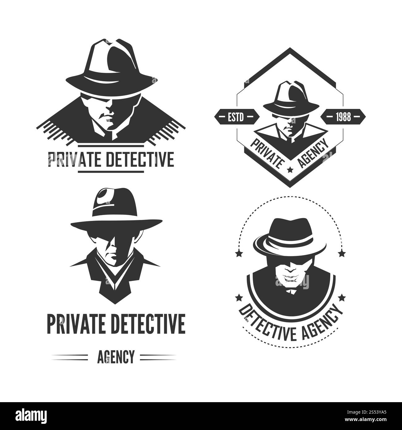 Emblèmes monochromes promotionnels de détective privé avec homme en chapeau et manteau classique. Logo du service d'enquête avec le dessin animé isolé de l'officier spécial Banque D'Images