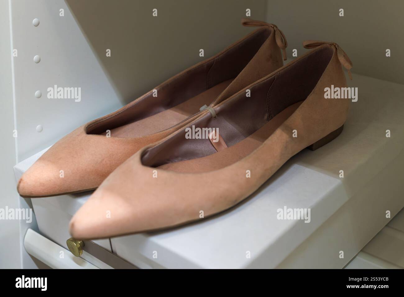 Chaussures pour femmes soigneusement présentées dans un tiroir de garde-robe ouvert. Élégantes ballerines beiges avec finition daim Banque D'Images Chaussures pour femmes soigneusement présentées dans un tiroir de garde-robe ouvert. Élégantes ballerines beiges avec finition daim Banque D'Images
