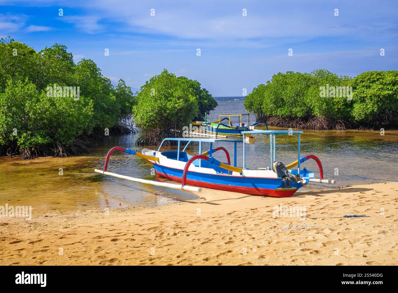 Plage de mangrove et bateau traditionnel sur l'île de Nusa Lembongan, Bali, Indonésie. Plage de mangrove, île de Nusa Lembongan, Bali, Indonésie Banque D'Images