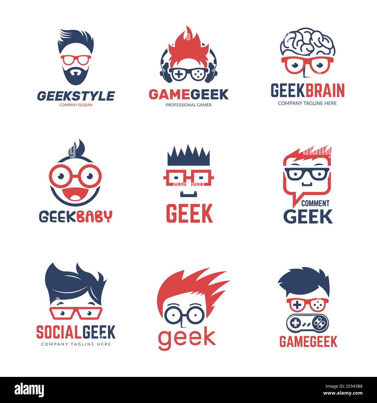Logo geek. Identité commerciale des programmeurs intelligents pensant nerd modèle de conception de vecteur d'éducation informatique. Programmeur geek et Smart nerd Banque D'Images