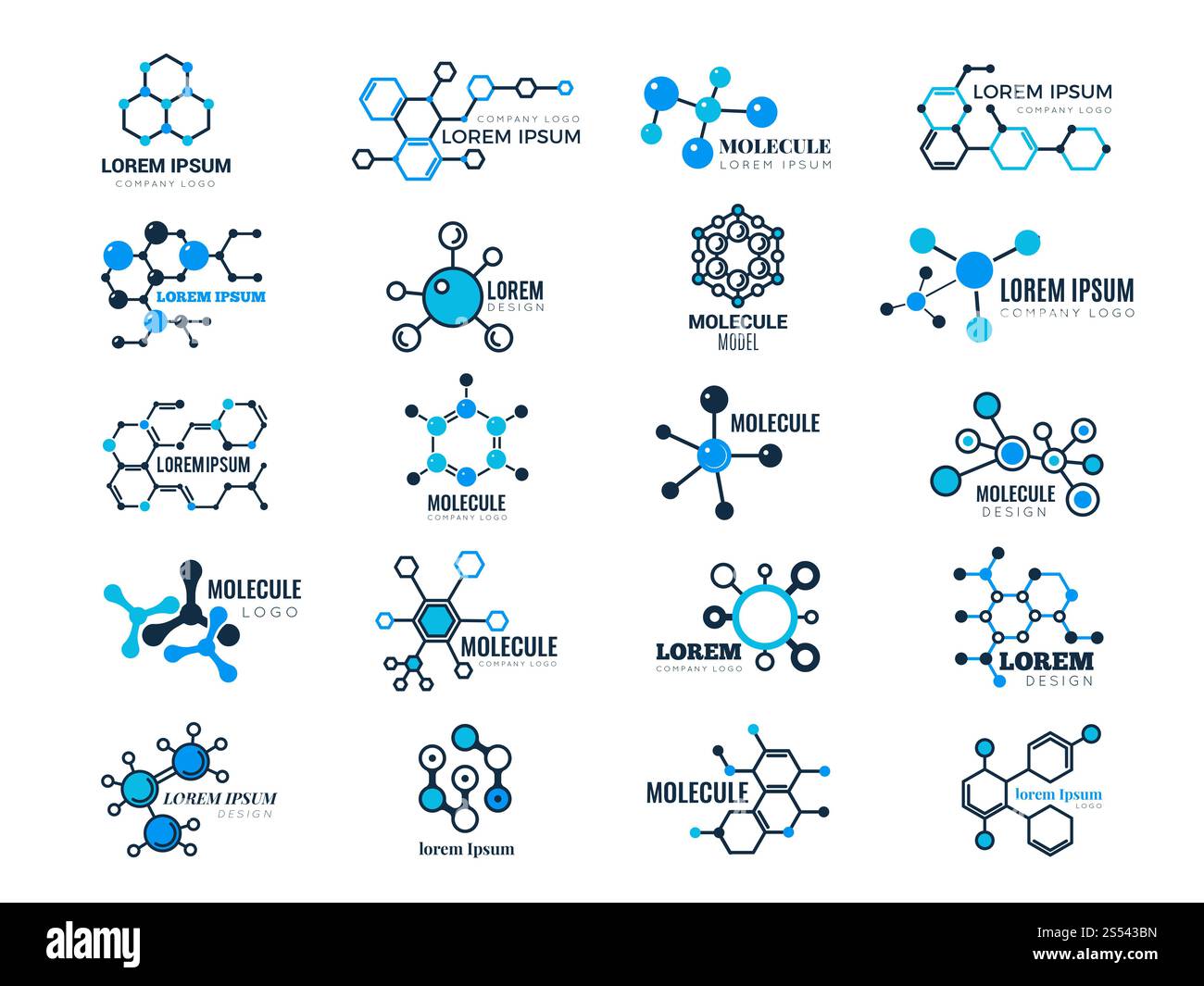 Logotypes moléculaires. Concept d'évolution formule chimie génétique technologie d'information médicale noeud illustrations de vecteur cellulaire. ADN moléculaire, Banque D'Images
