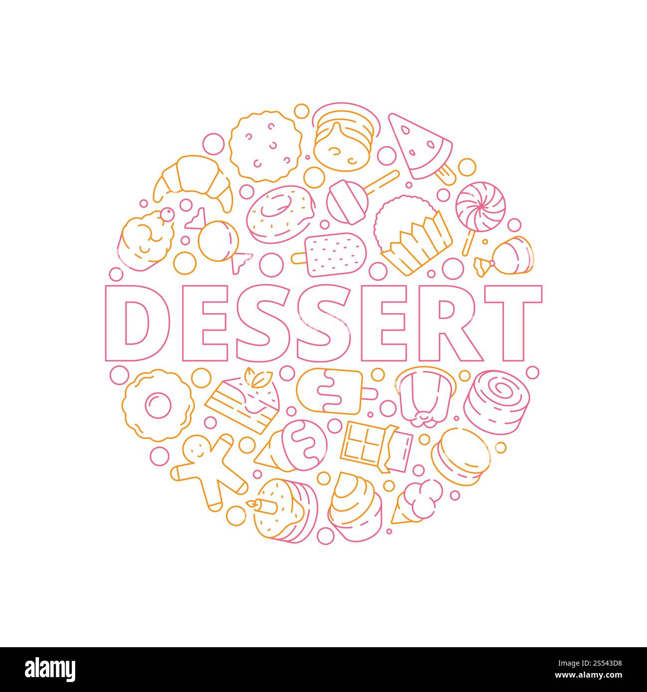 Fond de dessert. Cuisson de la nourriture délicieuse en forme de cercle gâteaux bonbons gelée de biscuits de crème glacée modèle de conception vectorielle. Crèmes glacées et bonbons, Banque D'Images