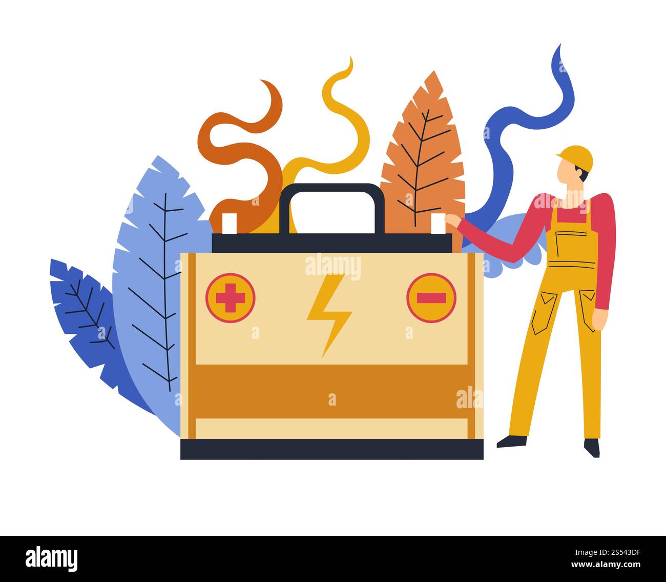 Personne de service d'électricien debout par grande batterie avec moins et plus signe spécialiste masculin vecteur traitant des problèmes énergétiques et de la puissance Banque D'Images