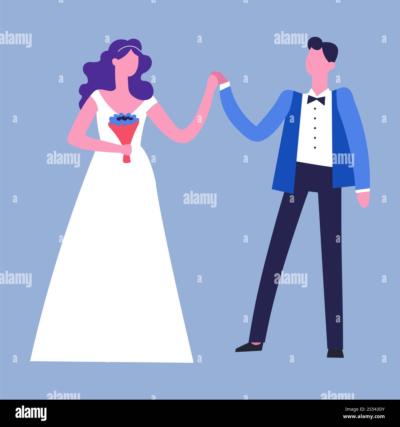 Cérémonie de mariage de couple homme et femme portant des vêtements de célébration vecteur mâle et femelle tenant bouquet dansant joyeusement femme et mari dedans Banque D'Images