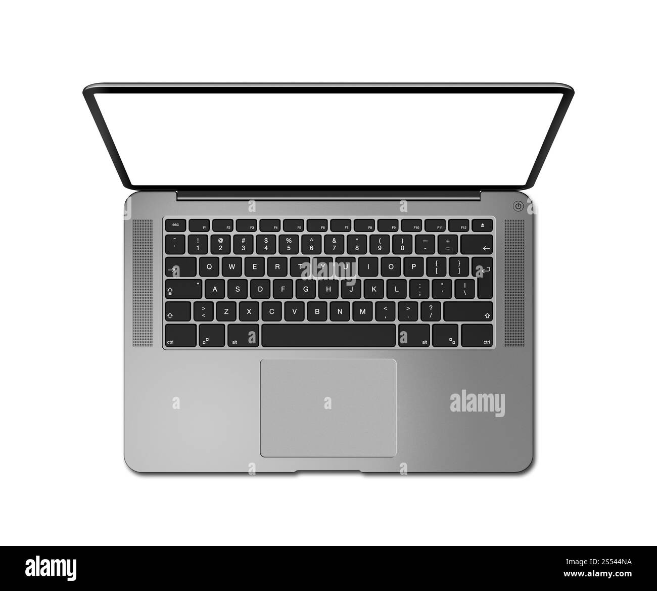 Vue de dessus d'ordinateur portable ouvert avec écran vierge, isolé sur blanc. Argent foncé. Illustration de rendu 3D. Ouvrez la vue supérieure de l'ordinateur portable avec écran vierge, isolé Banque D'Images