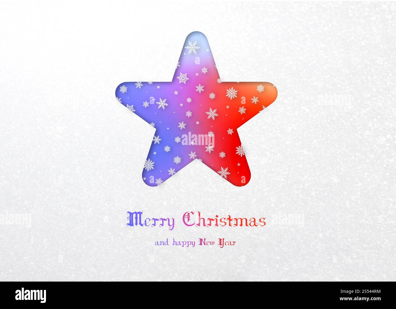 Carte étoile arc-en-ciel joyeux Noël sur un fond de neige. Carte étoile joyeux Noël Banque D'Images