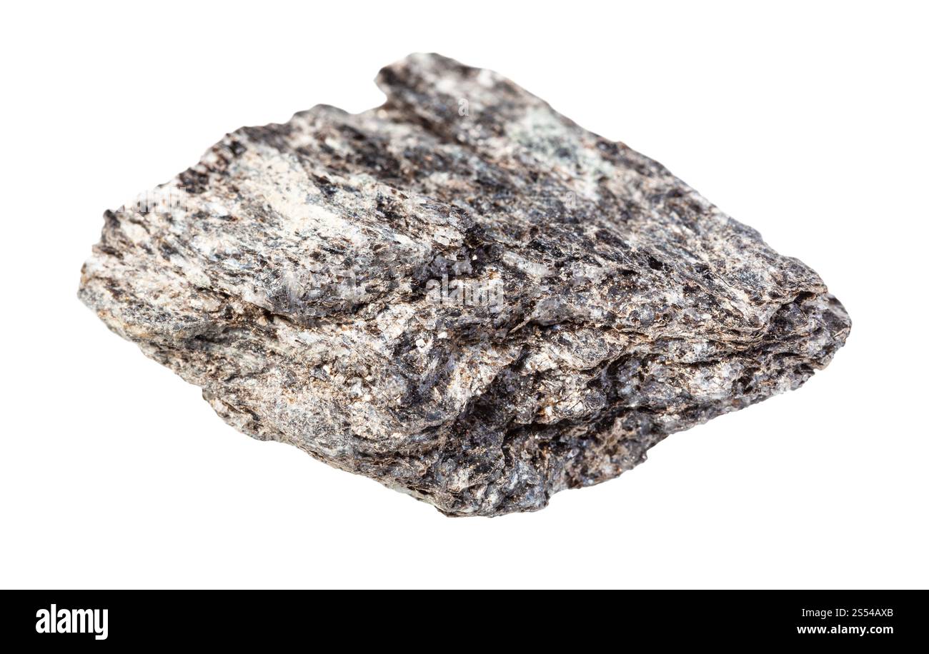 gros plan de l'échantillon de minéral naturel de la collection géologique - roche d'ardoise de biotite de quartz brute isolée sur fond blanc. biotite de quartz brute Banque D'Images