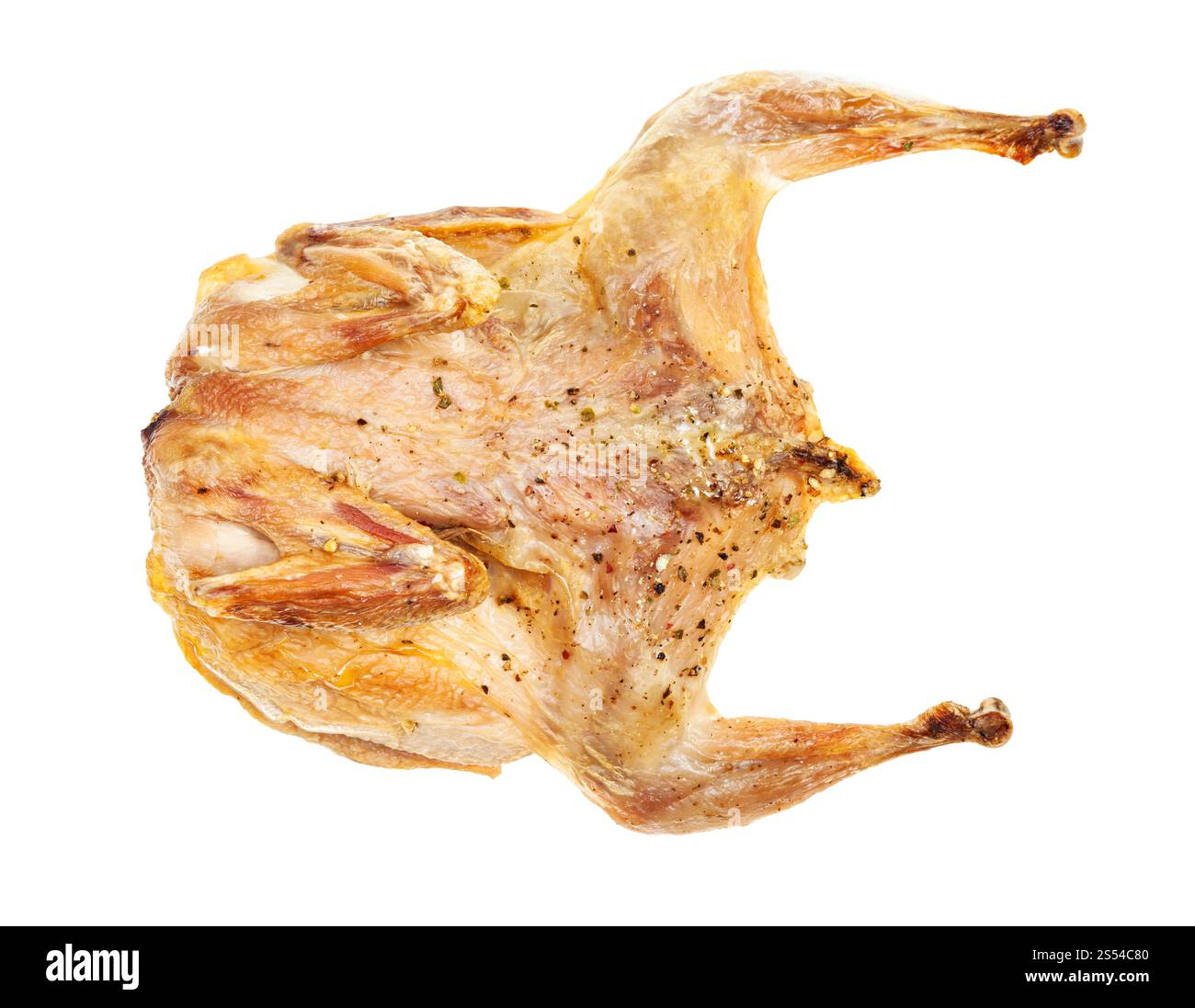 vue de dessus de caille aplatie entière frite isolée sur fond blanc. vue de dessus de cailles entières aplaties frites isolées Banque D'Images