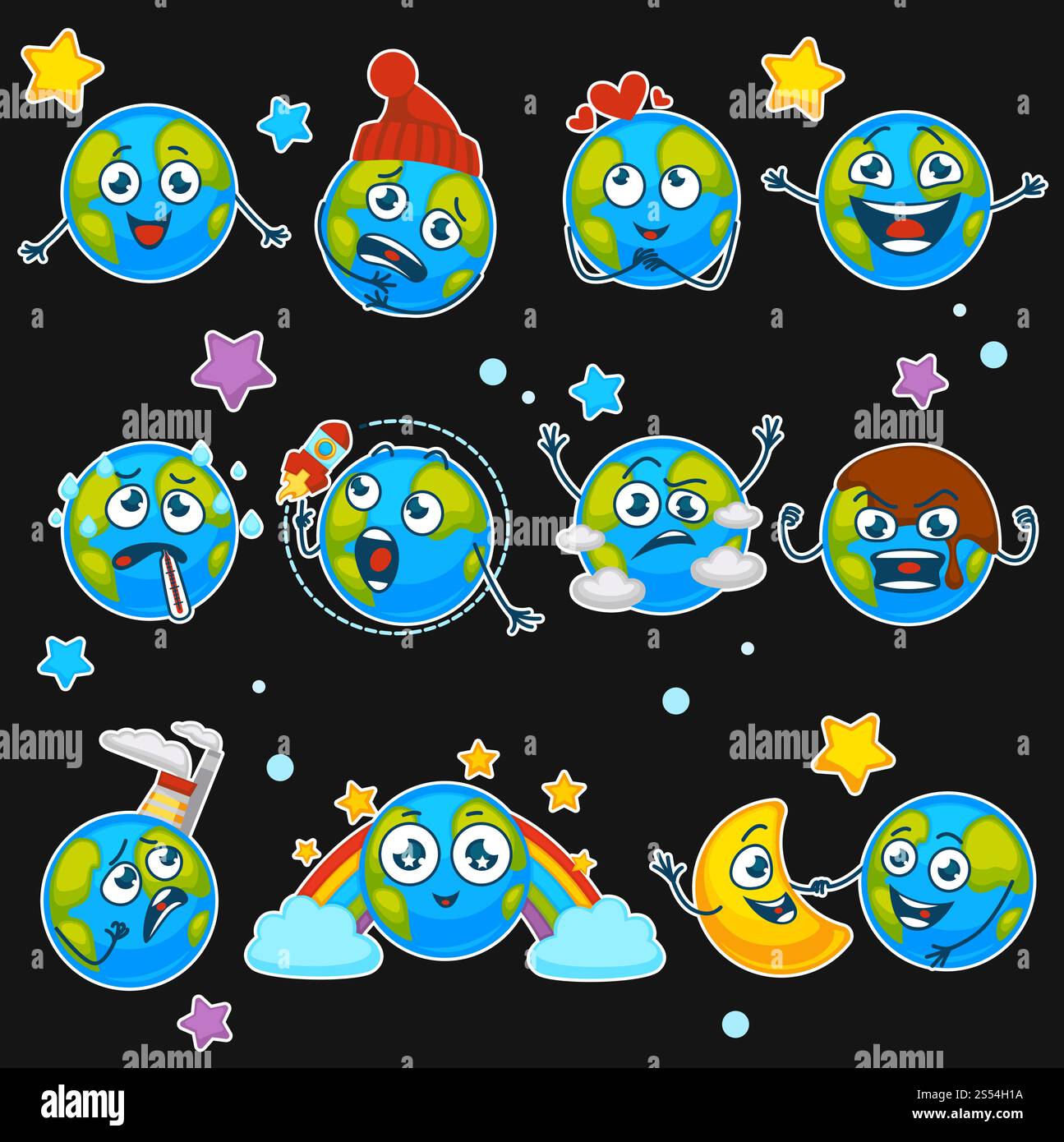 Les emoji de dessin animé de la terre sourires de la planète émoticônes drôles avec différentes expressions. Vecteur icônes isolées ensemble de terre heureux, triste ou malade et souriant ou riant, jouant avec la fusée et la lune ou l'arc-en-ciel. Earth emoji sourit des émoticônes de dessin animé de planète avec différentes expressions vecteur isoalted icônes définies Illustration de Vecteur