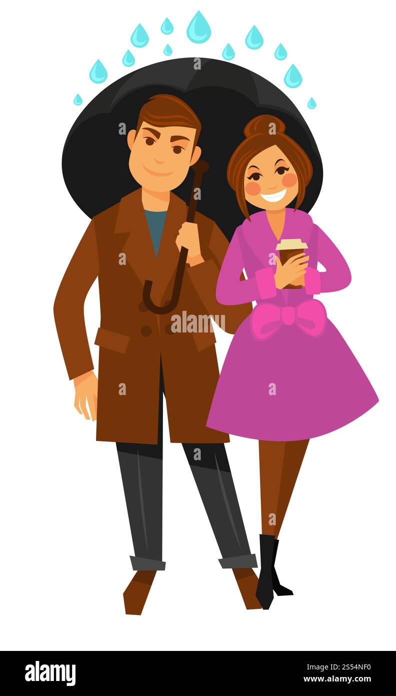Couple heureux dans les manteaux d'automne marche avec tasse de papier de café chaud sous grand parapluie noir et couvre de fortes gouttes de pluie isolé illustration vectorielle plate de dessin animé sur fond blanc .. Couple marche sous les couvertures de parapluie des gouttes de pluie Illustration de Vecteur