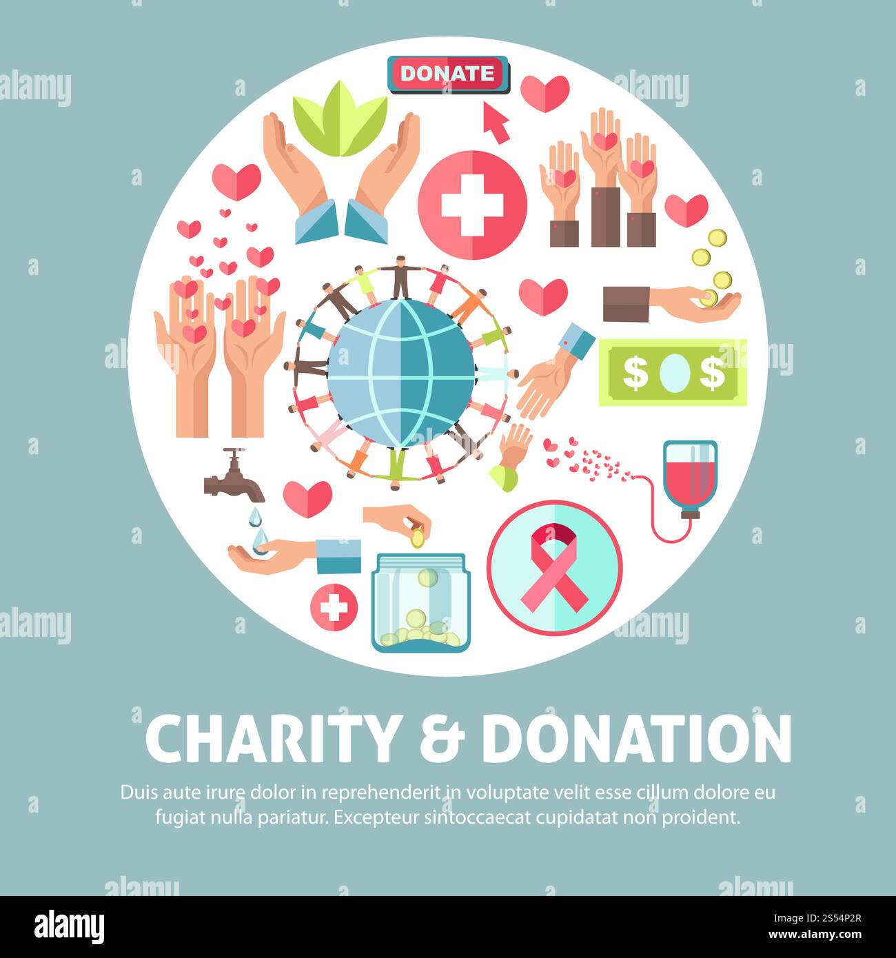 Affiche promotionnelle agitative de charité et de don avec des paumes humaines, des coeurs rouges, une grande croix, un modèle de globe, des gens en cercle, bande de cancer, argent dans le pot, feuilles vertes et illustrations vectorielles de récipient de sang.. Affiche promotionnelle de charité et de don avec illustrations symboliques Illustration de Vecteur