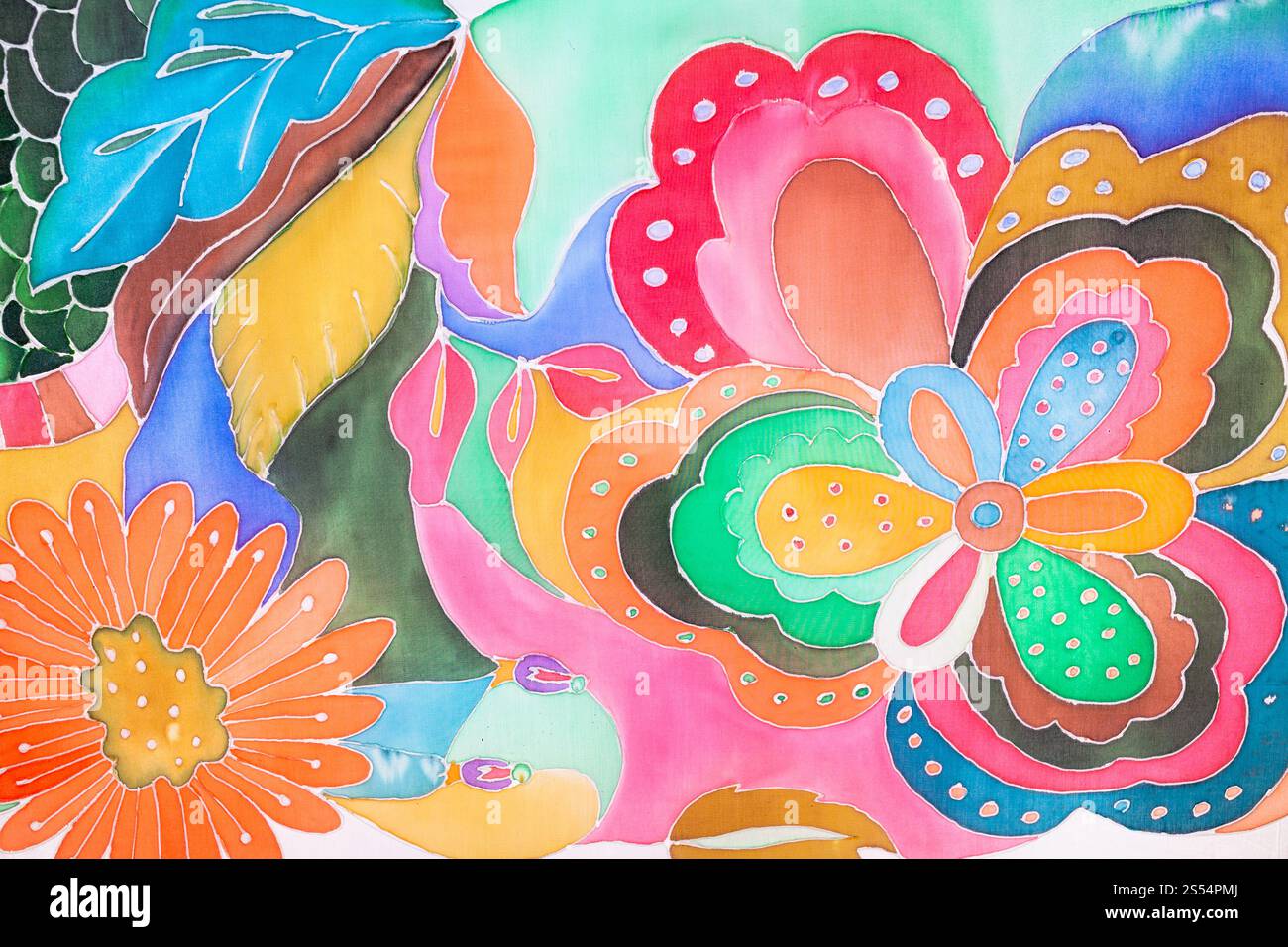 ornement floral en technique de batik contour froid sur toile de soie. ornement floral dans la technique de batik de contour froid Banque D'Images