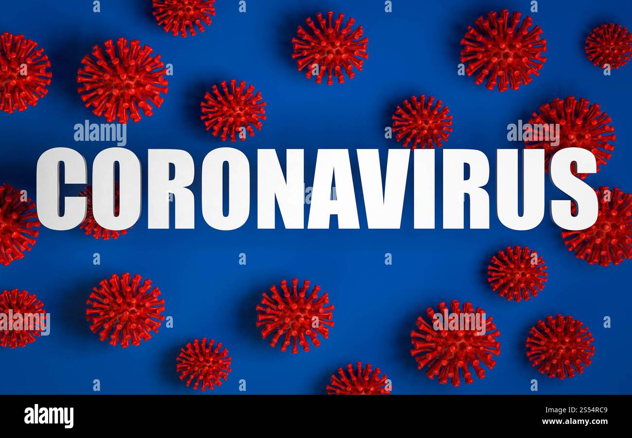 arrière-plan de rendu 3d des modèles de virus sur bannière de texte bleu et blanc. Coronavirus et épidémie mondiale de COVID-19 en toile de fond. Pandémie de coronavirus. rendu 3d. Banque D'Images