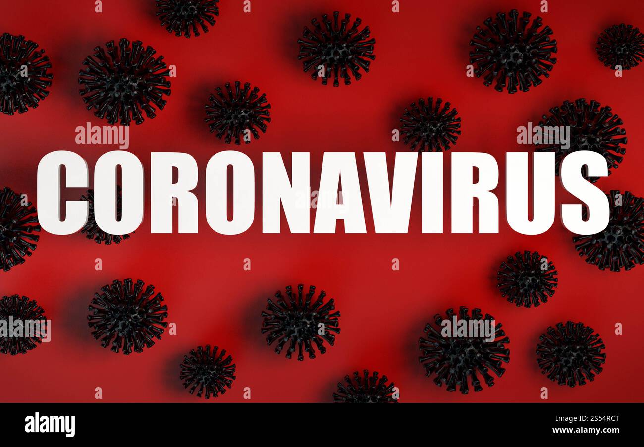 Rendu 3d Bckground des modèles de virus et bannière de texte d'avertissement du Coronavirus et de l'épidémie mondiale de COVID-19. Pandémie de coronavirus. Virus 2019-nCoV Banque D'Images