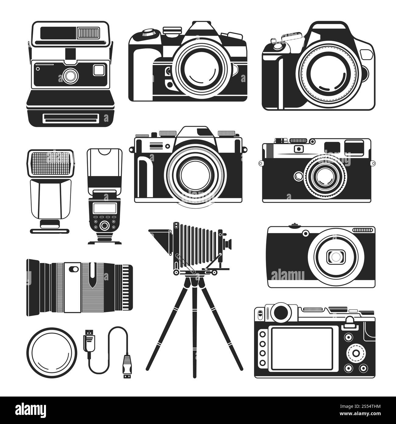 Caméras icône de rétro vieux et moderne équipement photo de photographie. Silhouette isolée vectorielle de l'objectif vintage et de la caméra de film ou flash de photographie numérique sur trépied. Appareil photo rétro et vecteur d'équipement de photographie ancien ou moderne, icônes de silhouette Illustration de Vecteur