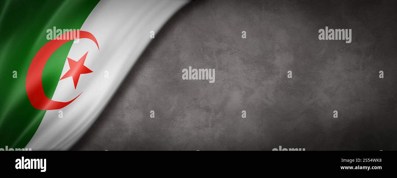 Drapeau algérien sur mur de béton. Bannière panoramique horizontale. Illustration 3D. Drapeau algérien sur la bannière murale en béton Banque D'Images