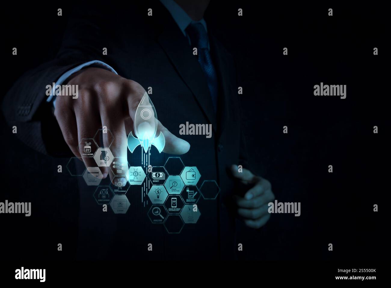 diagramme de la technologie financière et crypto-monnaie d'exploitation de base avec démarrage en blockchain unicorn crypto money virtual diagram.wman hand Banque D'Images