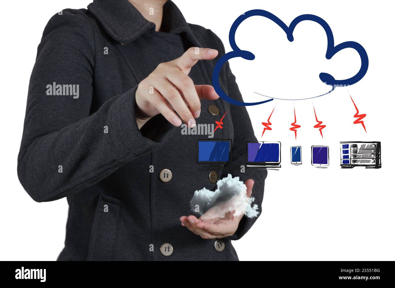 Businesswoman main touche un concept réseau cloud Banque D'Images