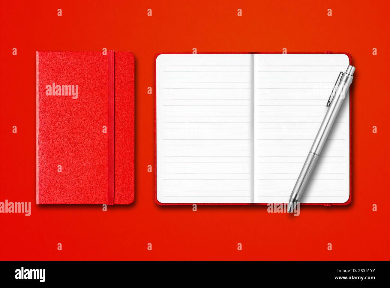 Carnets rouges fermés et ouverts lignés avec un stylo isolé sur fond coloré. Carnets rouges fermés et ouverts avec un stylo isolé sur coloré Banque D'Images