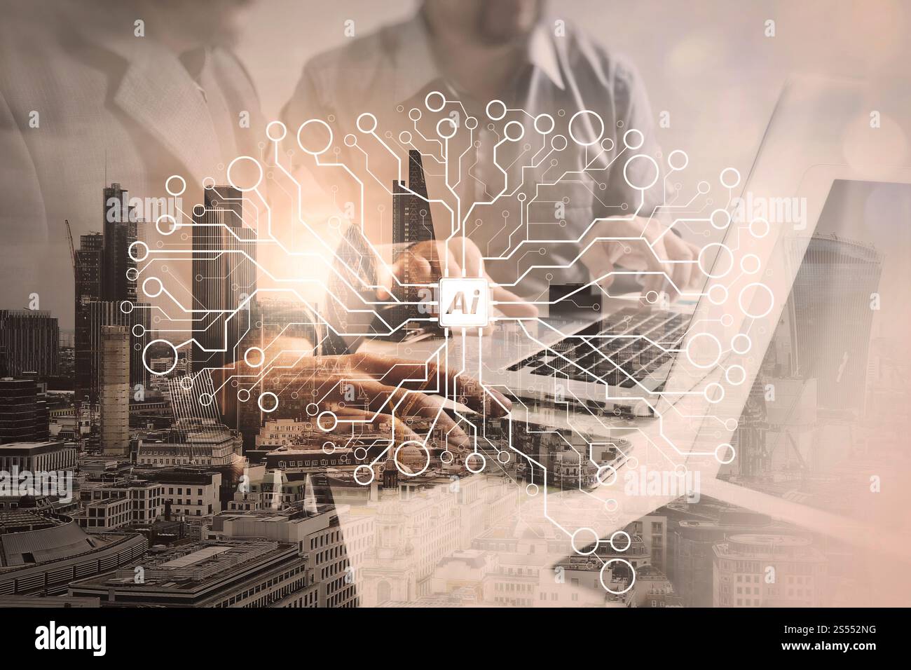 Le succès de l'exposition Double businessman working in office with digital tablet ordinateur portable avec Londres et smart phone,effet du filtre Banque D'Images