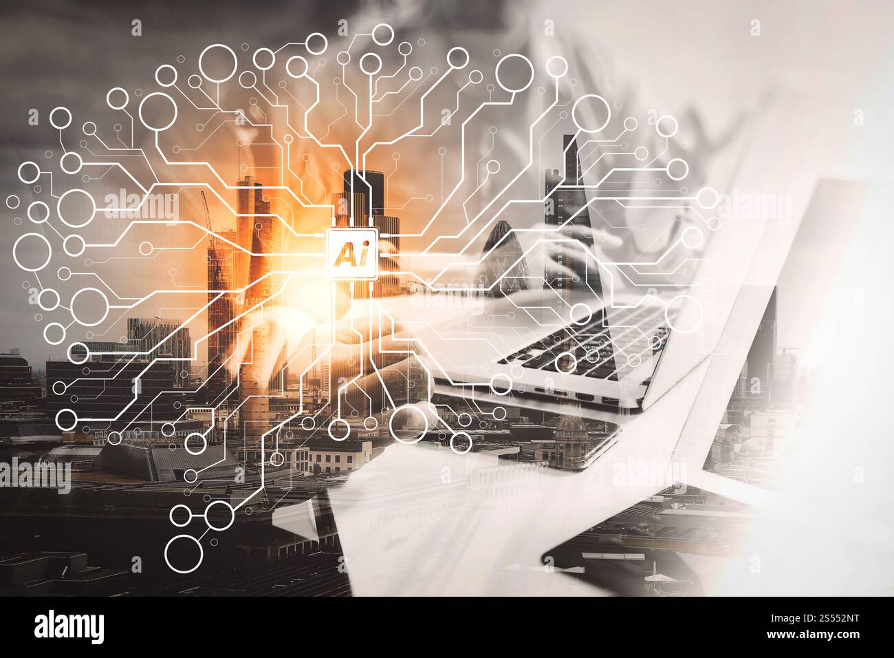 Intelligence artificielle (IA), apprentissage automatique avec technologie d'exploration de données sur un tableau de bord virtuel. Double exposition de succès homme d'affaires travaillant dans Banque D'Images