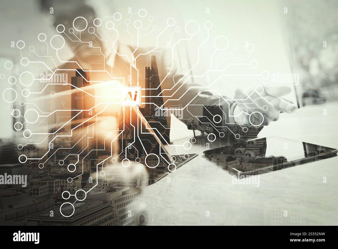 Intelligence artificielle (IA), apprentissage automatique avec technologie d'exploration de données sur un tableau de bord virtuel. Double exposition de succès homme d'affaires travaillant dans Banque D'Images