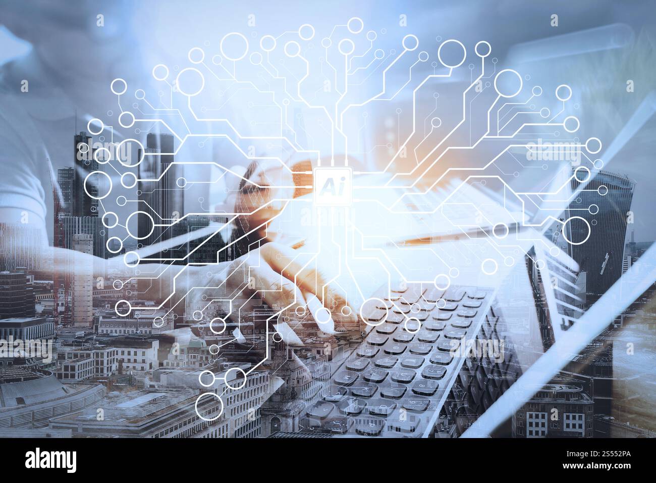 Intelligence artificielle (IA), apprentissage automatique avec technologie d'exploration de données sur un tableau de bord virtuel. Double exposition, développeur externalisé travaillant sur le marbre Banque D'Images