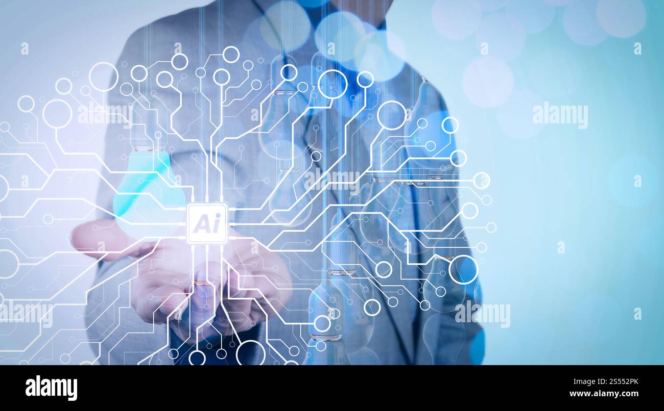 Intelligence artificielle (IA), apprentissage automatique avec technologie d'exploration de données sur un tableau de bord virtuel. Main d'homme d'affaires travaillant avec l'ampoule 3d de Banque D'Images