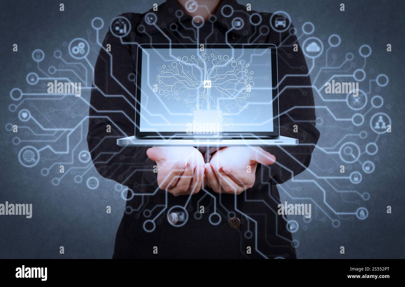 Intelligence artificielle (IA), apprentissage automatique avec la technologie d'exploration de données sur la main virtuelle dachboard.Engineer travaillant avec un ordinateur portable moderne. Banque D'Images
