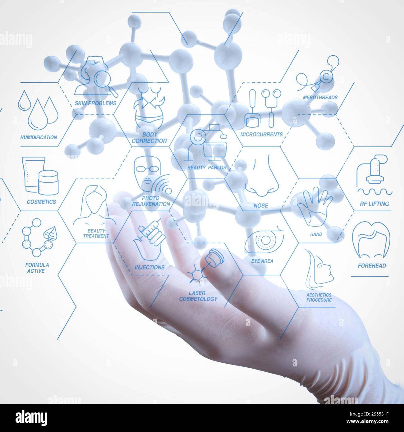 Processus de cosmétologie avec thérapie de beauté, soins du corps, soins de santé, diagramme virtuel de traitement de bien-être et correction, rajeunissement, anti-âge Banque D'Images
