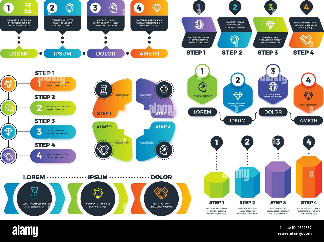 Options d'infographie. Diagrammes fléchés, diagrammes de processus abstraits et infographies de stratégie avec étapes. Modèle vectoriel de présentation commerciale. Diagramme connecté et infographie, flux de travail infochart. Options d'infographie. Diagrammes fléchés, diagrammes de processus abstraits et infographies de stratégie avec étapes. Modèle vectoriel de présentation commerciale Illustration de Vecteur