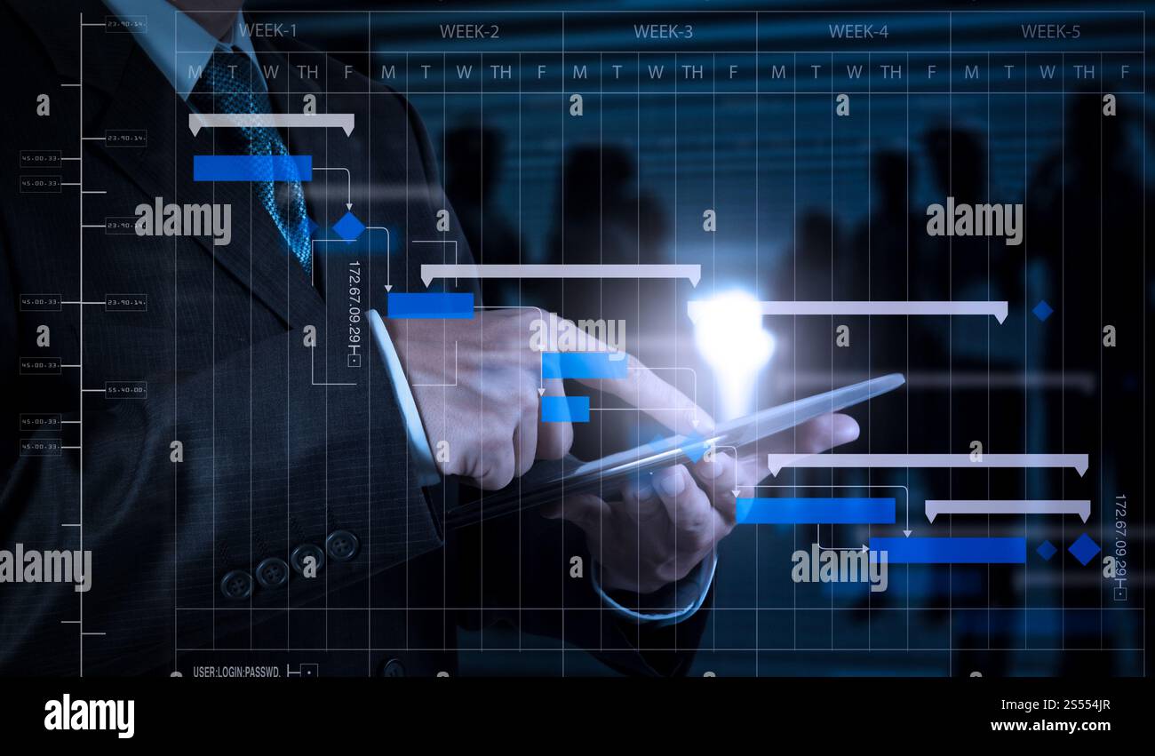 Chef de projet travaillant et mettant à jour les tâches avec des jalons planification de la progression et diagramme de Gantt diagramme de planification virtuel.homme d'affaires main utiliser SMART Banque D'Images