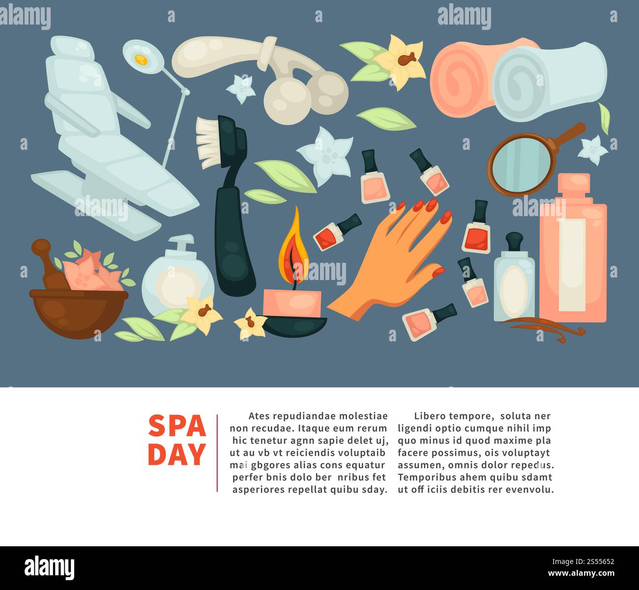 SPA salon de jour pour Body Relax et affiche plate de soins de la peau pour femme. Bougie à base de plantes d'aromathérapie vectorielle, serviettes ou pierres chaudes de massage et huile de spa de massage essentielle de fleur ou crème hydratante. Spa Body Relax et femme Skincare Treatment Vector affiche plate Illustration de Vecteur