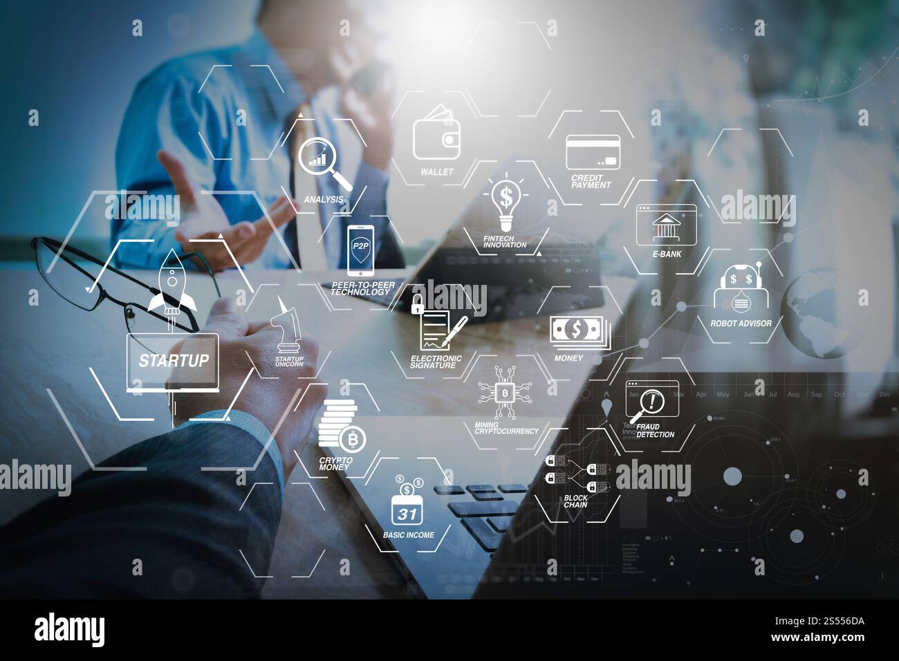 Organigramme de technologie financière et crypto-monnaie de minage de revenu de base avec diagramme virtuel UNICORN crypto-monnaie de démarrage de blockchain. Équipe commerciale Banque D'Images