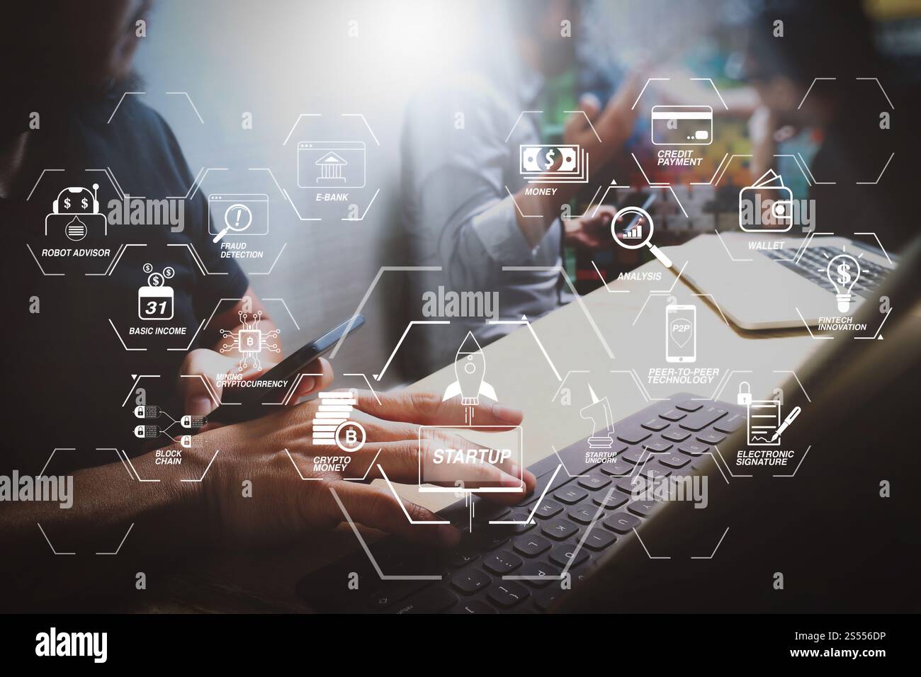 Organigramme de technologie financière et crypto-monnaie de minage de revenu de base avec diagramme virtuel UNICORN crypto-monnaie de démarrage de blockchain. Processus de coworking, Banque D'Images