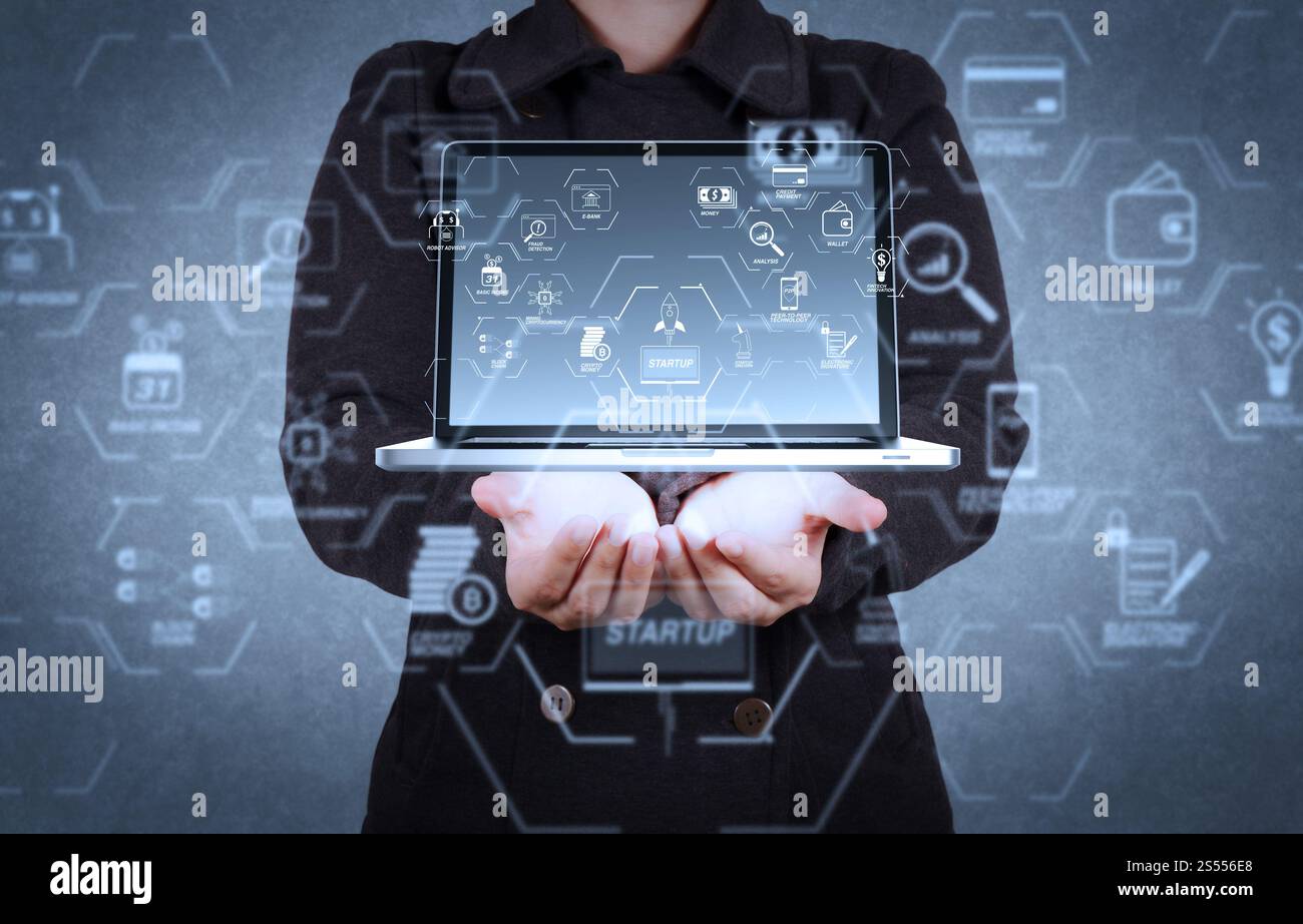 Organigramme de technologie financière et crypto-monnaie de minage de revenu de base avec démarrage blockchain UNICORN crypto Money Virtual diagram.designer Hand Show Banque D'Images