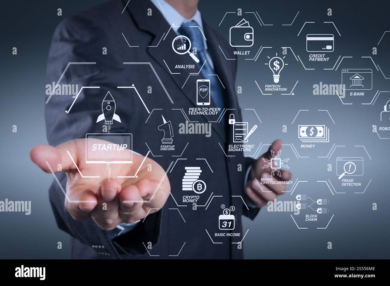 Organigramme de technologie financière et crypto-monnaie de minage de revenu de base avec diagramme virtuel UNICORN crypto-monnaie de démarrage de blockchain. homme d'affaires avec Banque D'Images