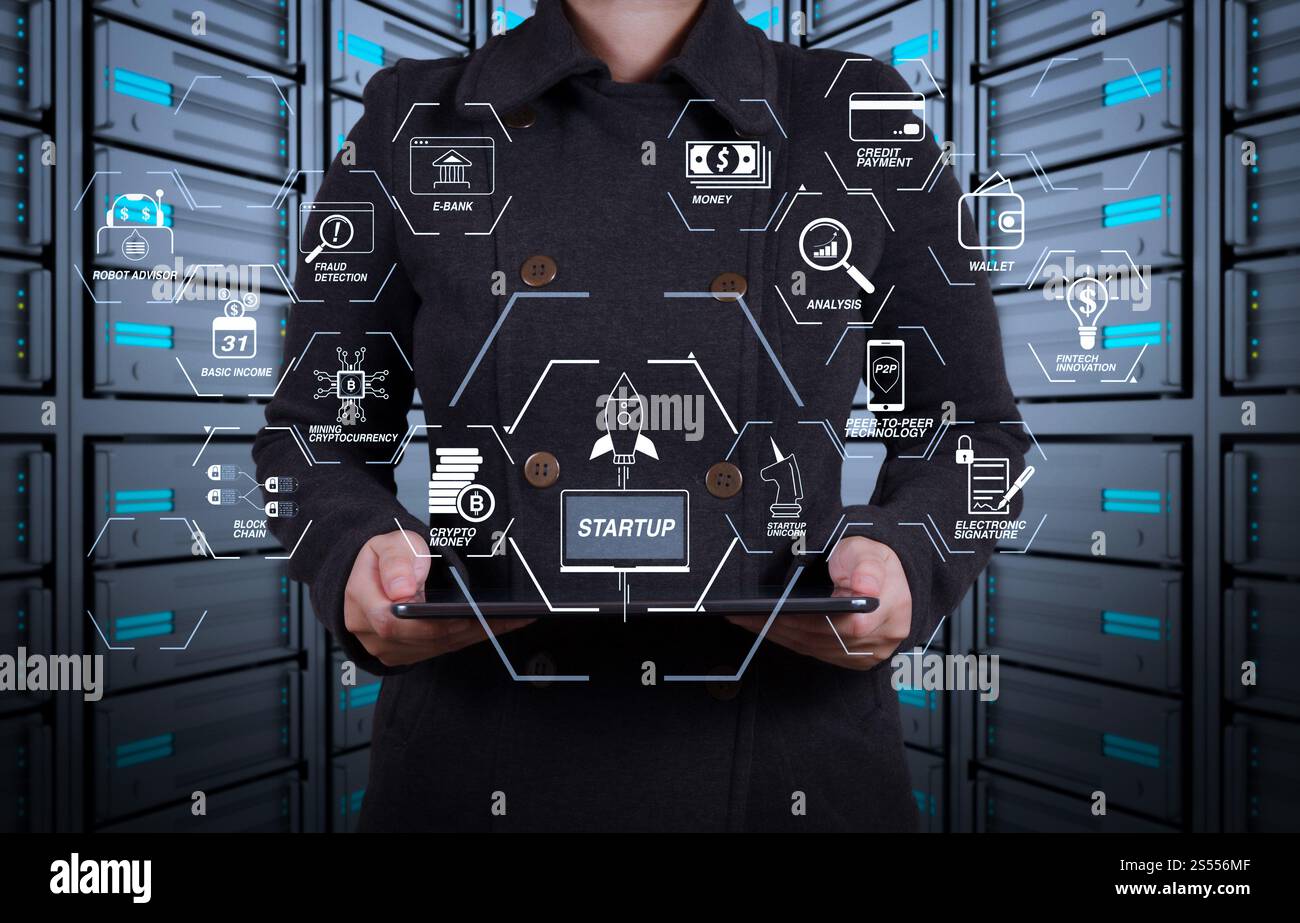 Organigramme de technologie financière et crypto-monnaie de minage de revenu de base avec démarrage blockchain UNICORN crypto money Virtual agram.tablet Computer in Banque D'Images