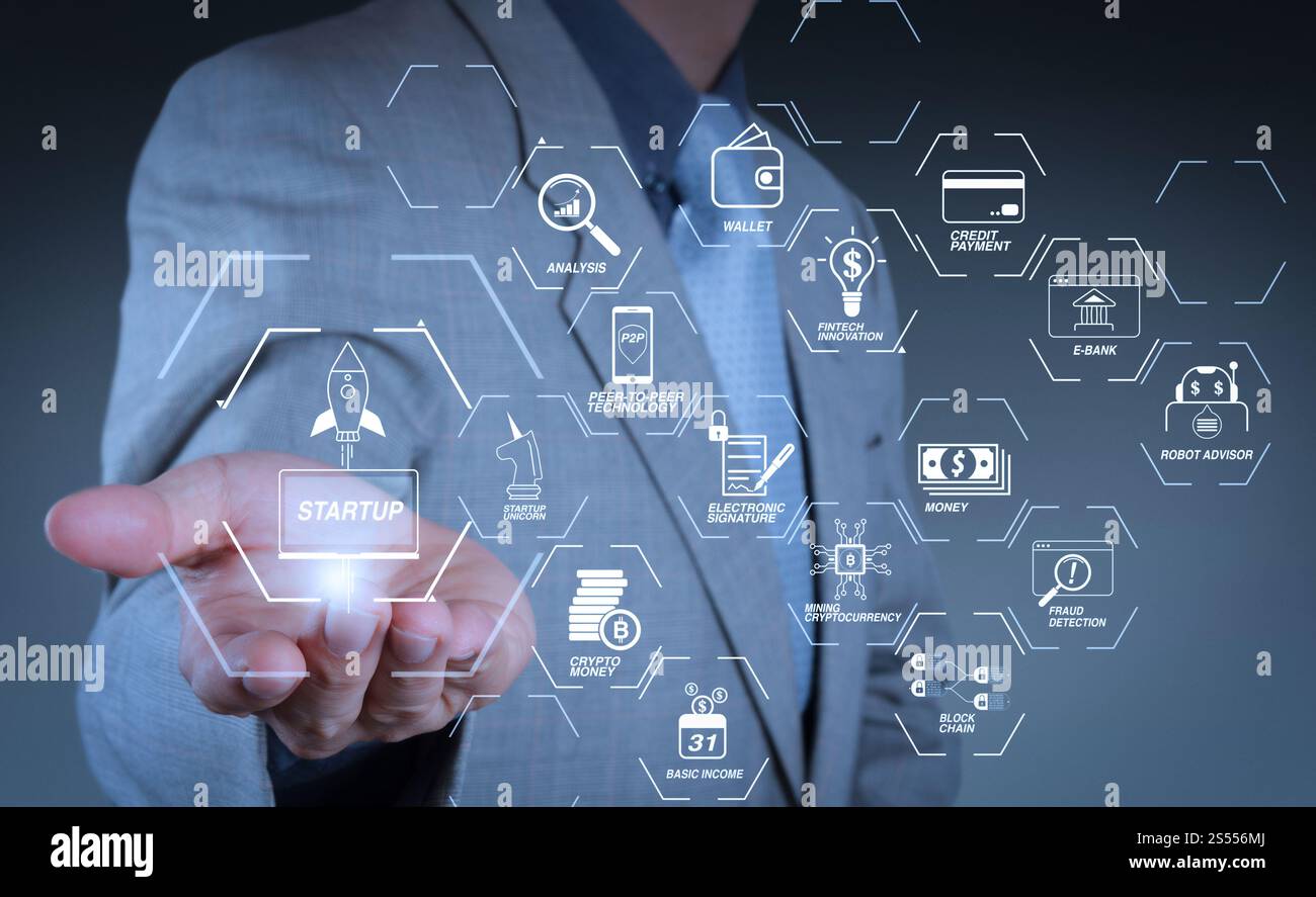 Organigramme de technologie financière et crypto-monnaie de minage de revenu de base avec diagramme virtuel UNICORN crypto-monnaie de démarrage de blockchain. homme d'affaires avec Banque D'Images