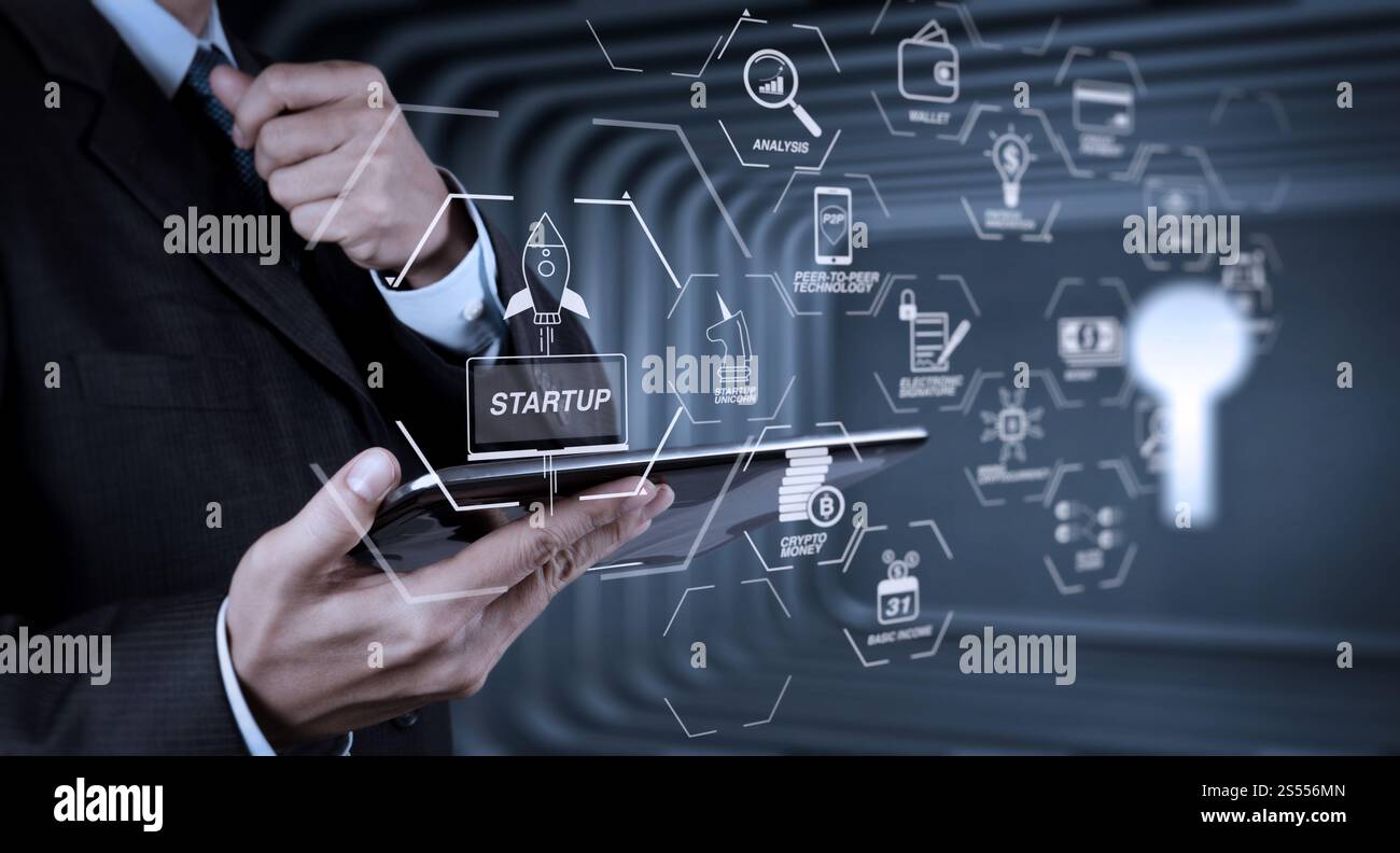 Organigramme de technologie financière et crypto-monnaie de minage de revenu de base avec démarrage blockchain UNICORN crypto money Virtual agram.Businessman Hand Banque D'Images
