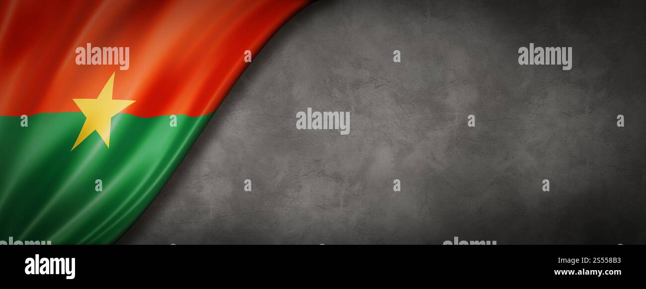 Drapeau du Burkina Faso sur mur de béton. Bannière panoramique horizontale. Illustration 3D. Drapeau du Burkina Faso sur la bannière murale en béton Banque D'Images